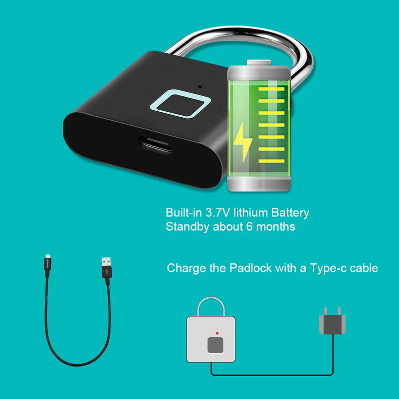 Cadenas à Empreinte Digitale — Verrou Intelligent Rechargeable USB-C