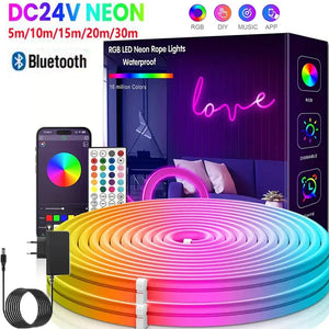 Ruban Néon LED RGB 24V — Synchronisation Musicale Bluetooth, Étanche, 5 à 30M