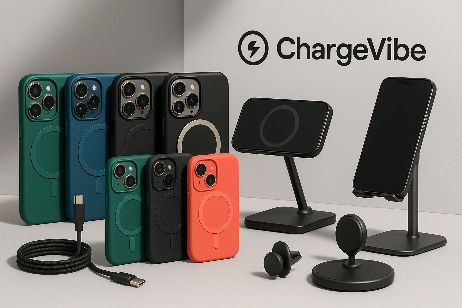 image qui represente des produits type coques, support et accesoires de téléphone de la marque ChargeVibe